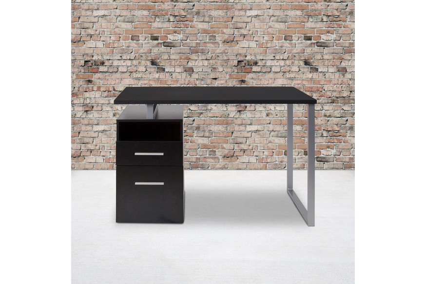 BLNK™ Harwood Wood Harwood Grain Finish Computer Desk with Two Drawers and Silver Metal Frame - Dark Ash