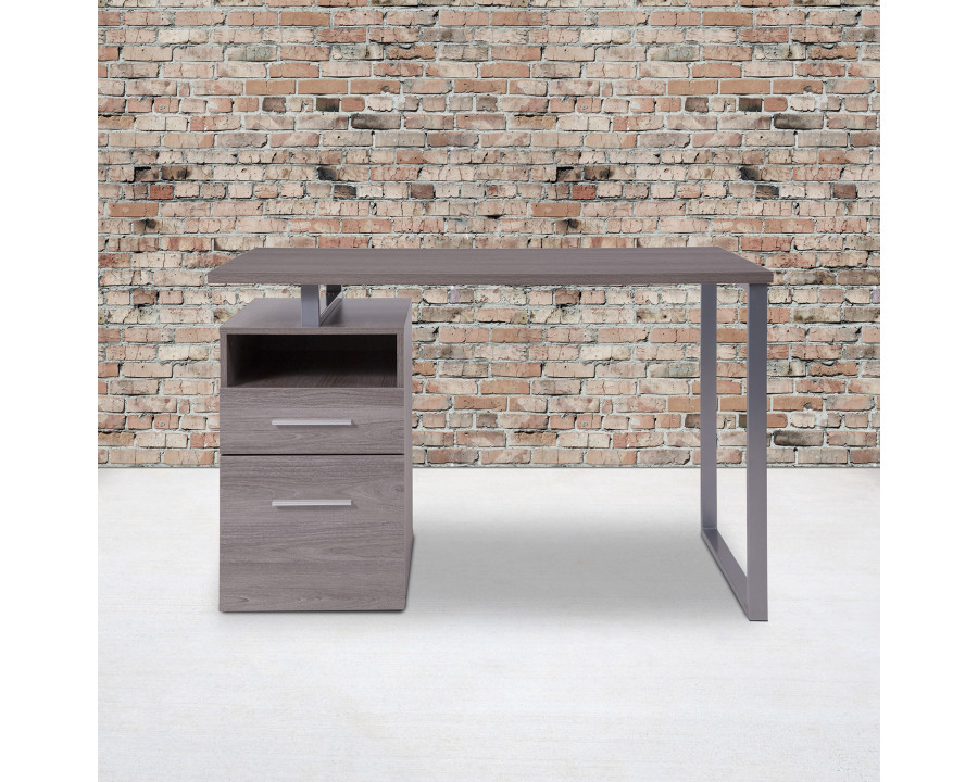 BLNK Harwood Laminate Computer Desk with Two Drawers and Silver Metal Frame - Light Ash Wood Grain