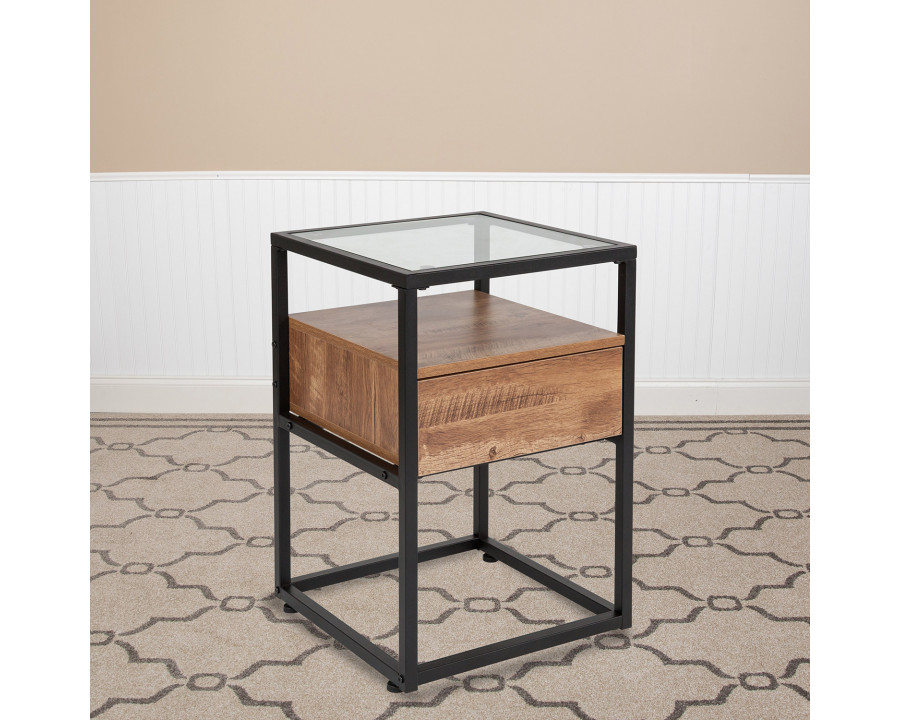 BLNK - Cumberland Collection Glass End Table with Drawer and Shelf in Rustic Wood Grain Finish