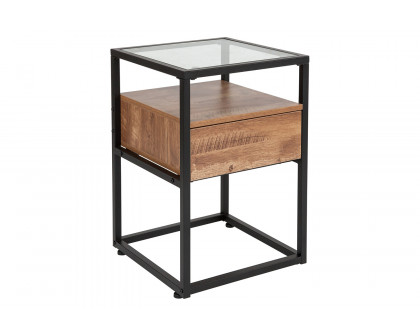 BLNK - Cumberland Collection Glass End Table with Drawer and Shelf in Rustic Wood Grain Finish