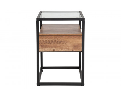 BLNK - Cumberland Collection Glass End Table with Drawer and Shelf in Rustic Wood Grain Finish