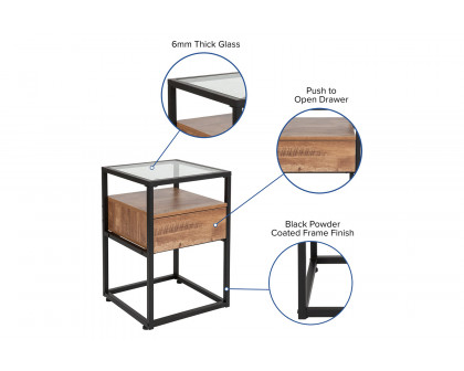 BLNK - Cumberland Collection Glass End Table with Drawer and Shelf in Rustic Wood Grain Finish