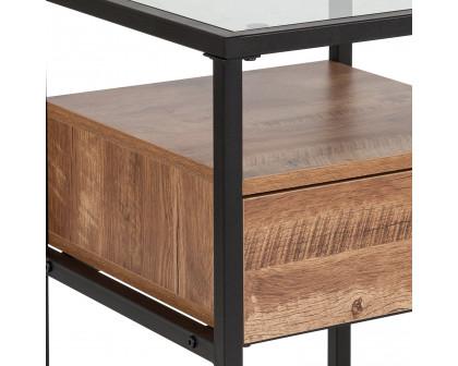 BLNK - Cumberland Collection Glass End Table with Drawer and Shelf in Rustic Wood Grain Finish