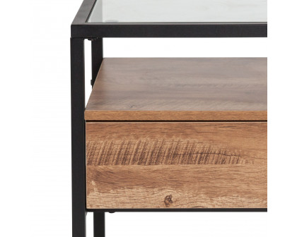 BLNK - Cumberland Collection Glass End Table with Drawer and Shelf in Rustic Wood Grain Finish