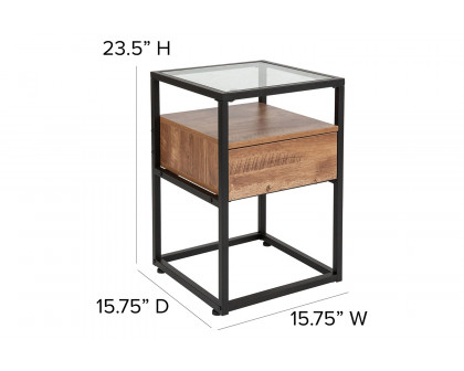 BLNK - Cumberland Collection Glass End Table with Drawer and Shelf in Rustic Wood Grain Finish