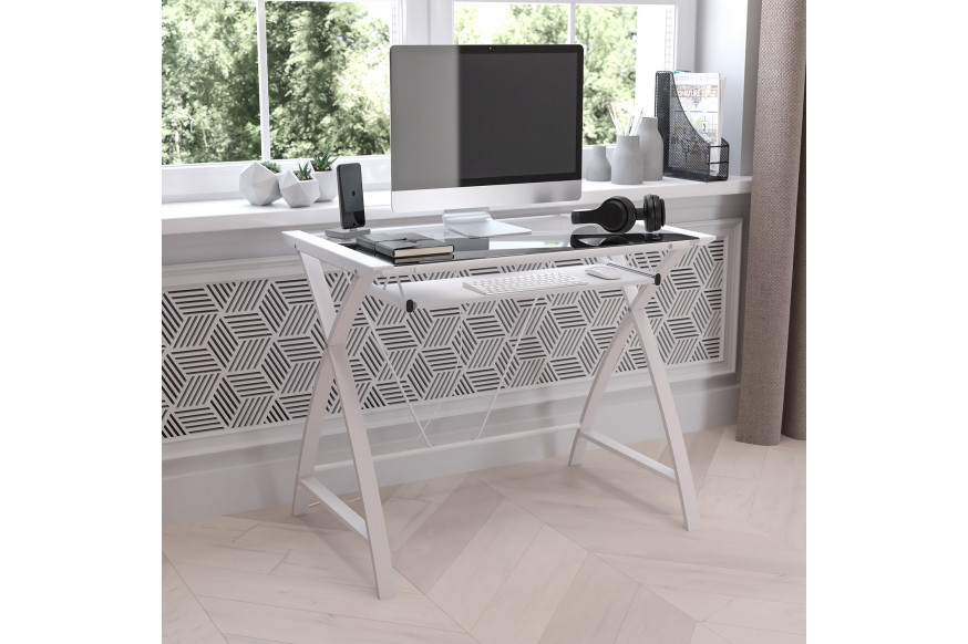 BLNK™ Jude Glass Computer Desk with Pull-Out Keyboard Tray and Crisscross Frame - Clear/White