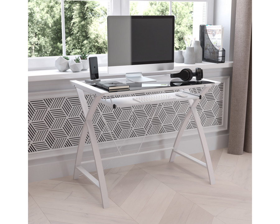 BLNK Jude Glass Computer Desk with Pull-Out Keyboard Tray and Crisscross Frame - Clear/White