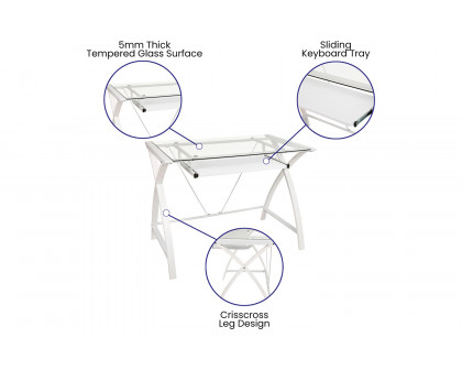 BLNK™ Jude Glass Computer Desk with Pull-Out Keyboard Tray and Crisscross Frame - Clear/White