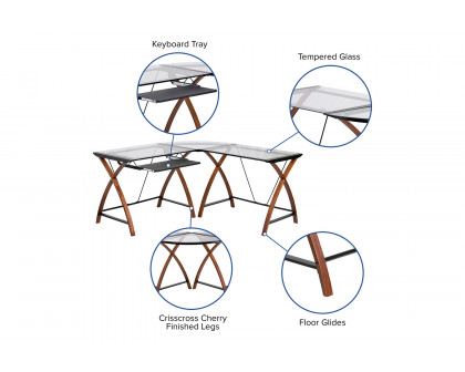 BLNK Jude Glass L-Shape Computer Desk with Pull-Out Keyboard Tray - Clear