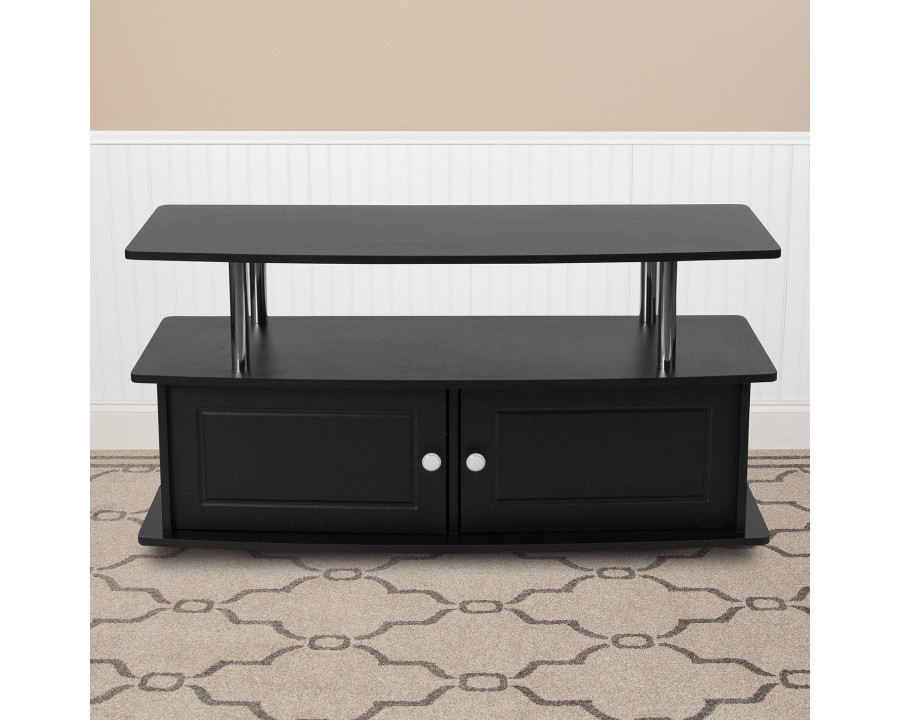 BLNK - Evanston Black TV Stand with Shelves, Cabinet and Stainless Steel Tubing