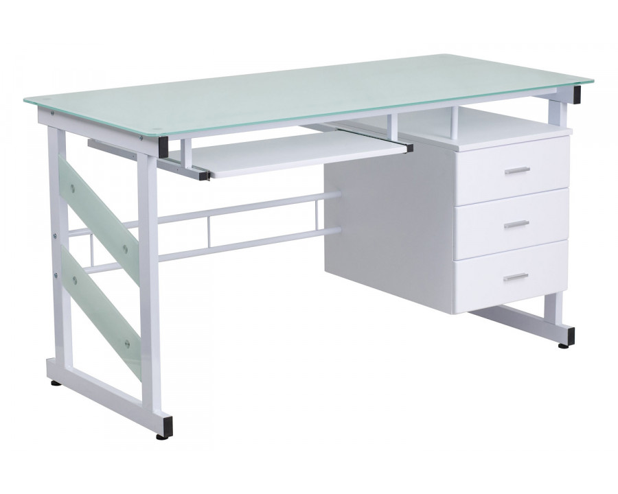 BLNK - Singleton White Computer Desk with Frosted Glass Top and Three Drawer Pedestal