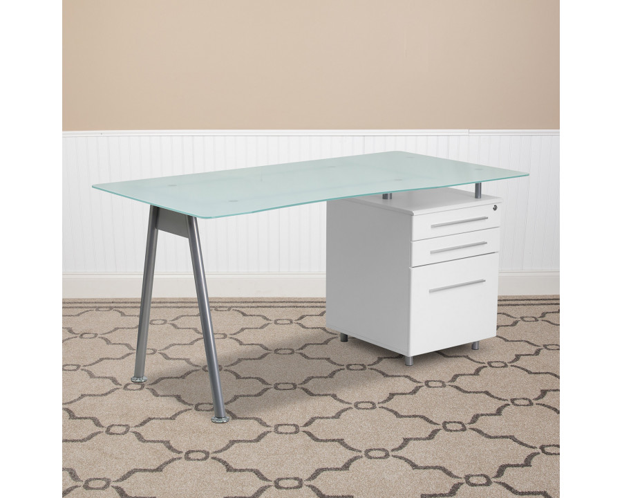 BLNK - Singleton White Computer Desk with Glass Top and Three Drawer Pedestal