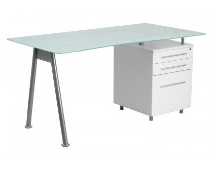 BLNK - Singleton White Computer Desk with Glass Top and Three Drawer Pedestal