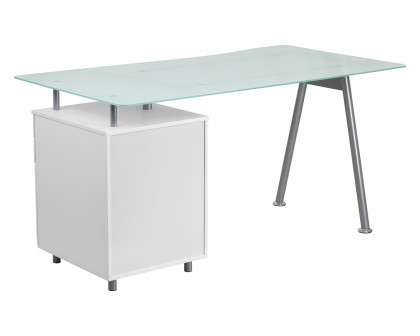 BLNK - Singleton White Computer Desk with Glass Top and Three Drawer Pedestal