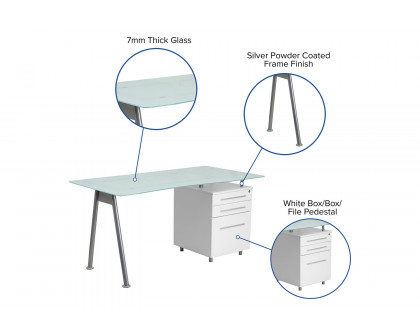 BLNK - Singleton White Computer Desk with Glass Top and Three Drawer Pedestal