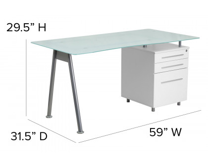 BLNK - Singleton White Computer Desk with Glass Top and Three Drawer Pedestal