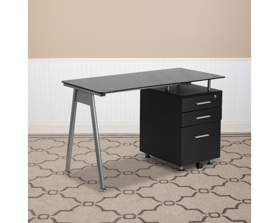 BLNK - Singleton Black Glass Computer Desk with Three Drawer Pedestal