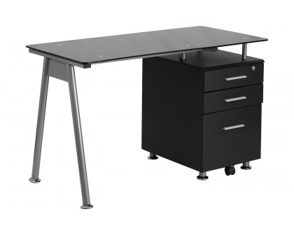 BLNK - Singleton Black Glass Computer Desk with Three Drawer Pedestal