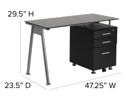 BLNK - Singleton Black Glass Computer Desk with Three Drawer Pedestal