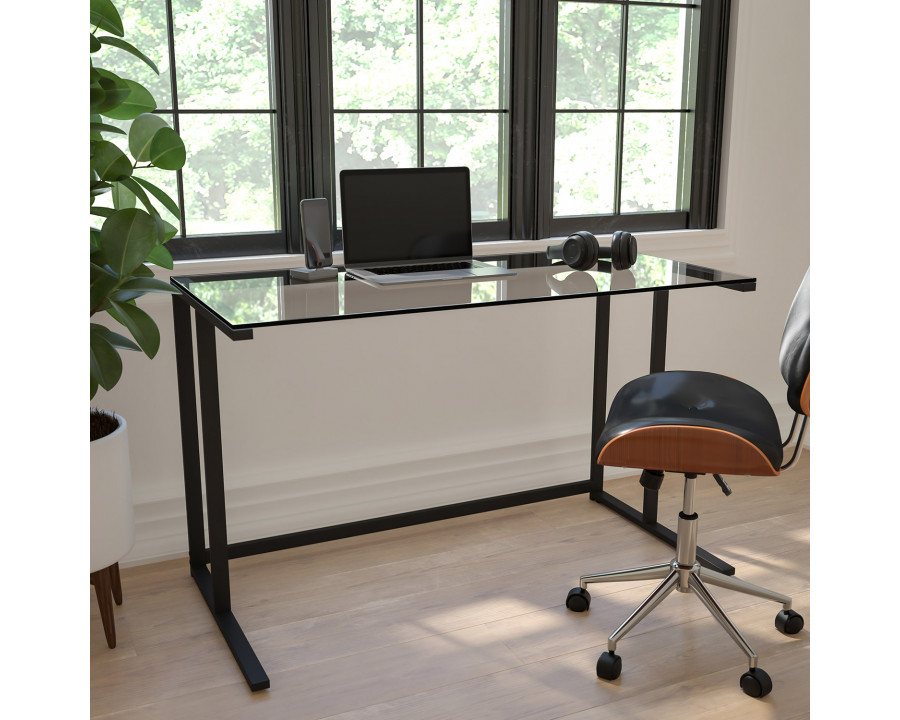 BLNK - Singleton Glass Desk with Black Pedestal Metal Frame