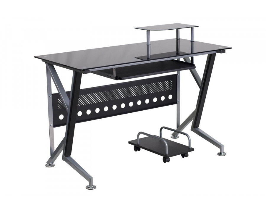 BLNK - Singleton Black Glass Computer Desk with Pull-Out Keyboard Tray and CPU Cart