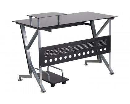 BLNK - Singleton Black Glass Computer Desk with Pull-Out Keyboard Tray and CPU Cart