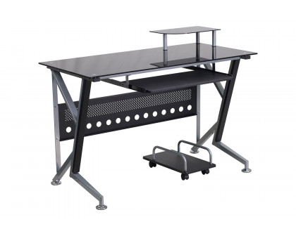 BLNK - Singleton Black Glass Computer Desk with Pull-Out Keyboard Tray and CPU Cart