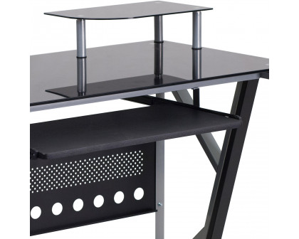 BLNK - Singleton Black Glass Computer Desk with Pull-Out Keyboard Tray and CPU Cart