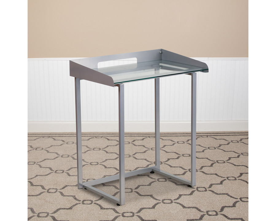 BLNK Jayden Contemporary Clear Tempered Glass Desk with Raised Cable Management Border and Metal Frame - Silver