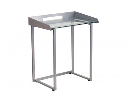 BLNK Jayden Contemporary Clear Tempered Glass Desk with Raised Cable Management Border and Metal Frame - Silver