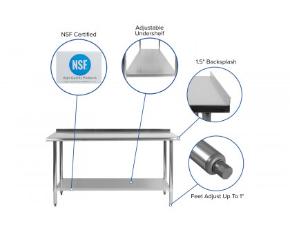 BLNK Reese Stainless Steel Prep and Work Table with Undershelf - with Backsplash