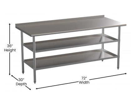 BLNK Ravenel Stainless Steel Work Table with 1.5" Backsplash and 2 Undershelves - with Backsplash