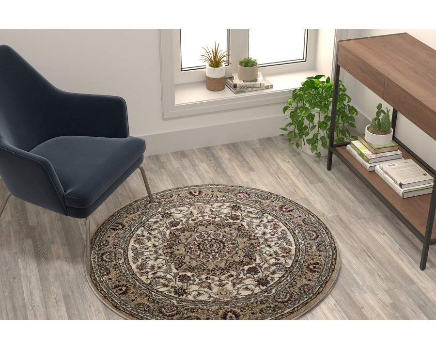 BLNK Mersin Collection Persian Style Round Olefin Area Rug with Jute Backing - Ivory, 4'W x 4'L