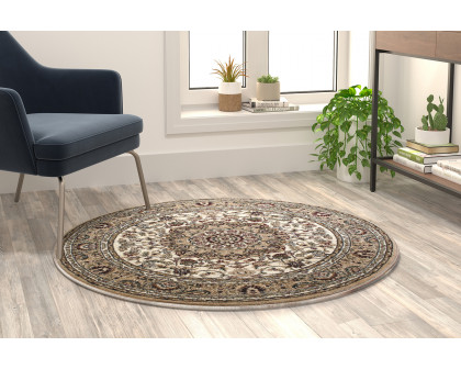 BLNK Mersin Collection Persian Style Round Olefin Area Rug with Jute Backing - Ivory, 4'W x 4'L