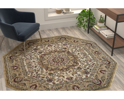 BLNK Mersin Collection Persian Style Octagon Olefin Area Rug with Jute Backing - Ivory, 5'W x 5'L