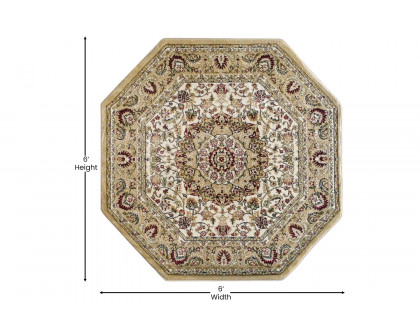 BLNK Mersin Collection Persian Style Octagon Olefin Area Rug with Jute Backing - Ivory, 5'W x 5'L