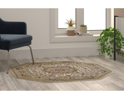 BLNK Mersin Collection Persian Style Octagon Olefin Area Rug with Jute Backing - Ivory, 4'W x 4'L