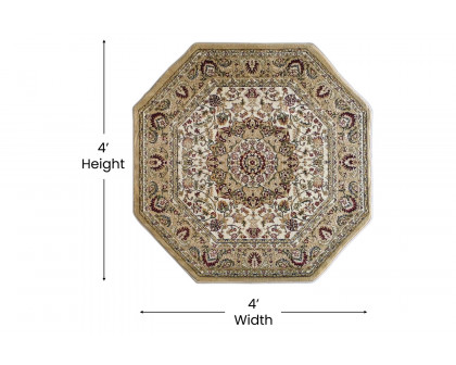 BLNK Mersin Collection Persian Style Octagon Olefin Area Rug with Jute Backing - Ivory, 4'W x 4'L