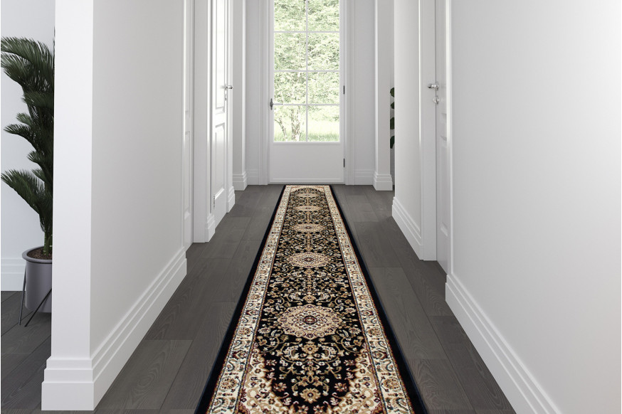 BLNK™ Mersin Collection Persian Style Olefin Area Rug with Jute Backing - Black, 3'W x 15'L