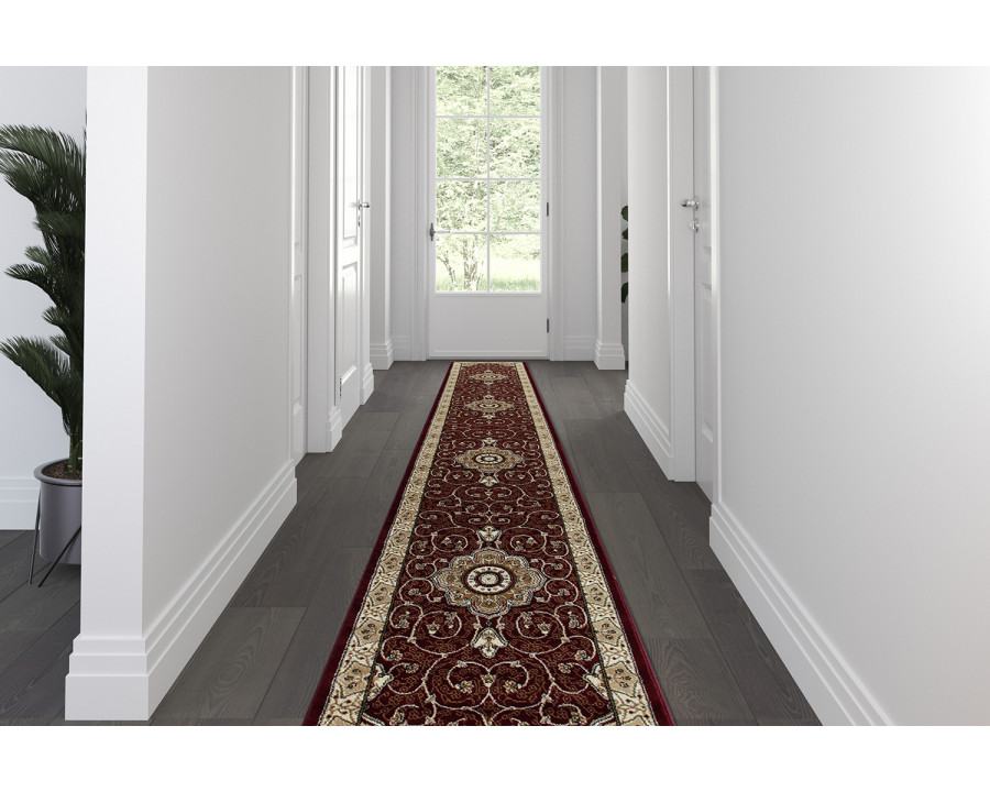 BLNK Portman Collection Persian Style Olefin Area Rug with Jute Backing - Burgundy, 3'W x 15'L