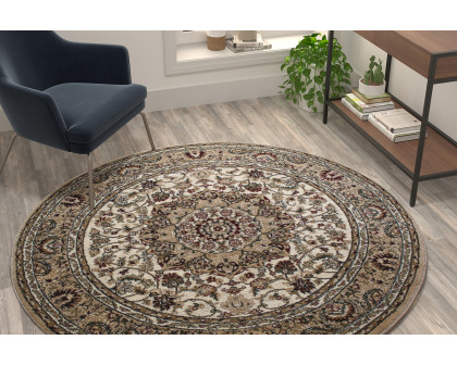 BLNK Mersin Collection Persian Style Round Olefin Area Rug with Jute Backing - Ivory, 5'W x 5'L