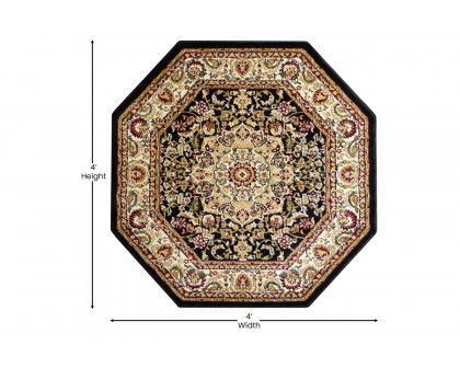 BLNK™ Mersin Collection Persian Style Octagon Olefin Area Rug with Jute Backing - Black, 4'W x 4'L