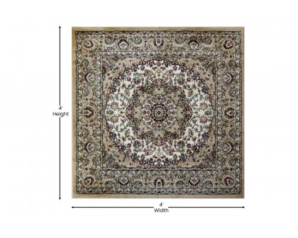 BLNK Mersin Collection Persian Style Square Olefin Area Rug with Jute Backing - Ivory, 4'W x 4'L