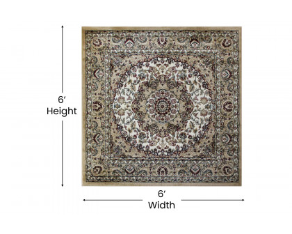 BLNK Mersin Collection Persian Style Square Olefin Area Rug with Jute Backing - Ivory, 5'W x 5'L