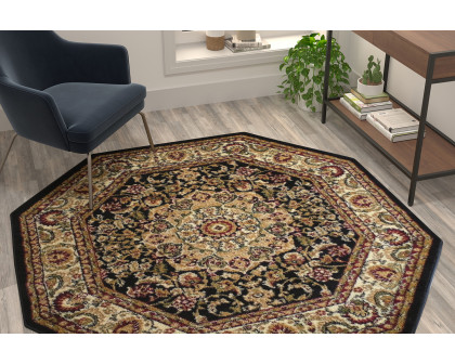 BLNK™ Mersin Collection Persian Style Octagon Olefin Area Rug with Jute Backing - Black, 5'W x 5'L