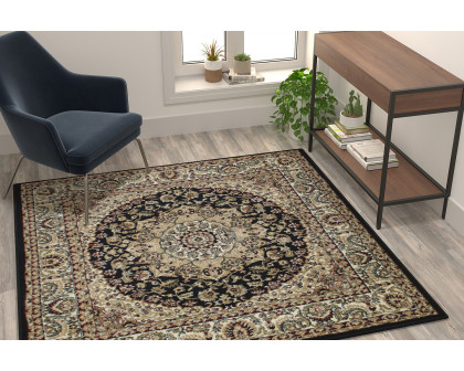 BLNK Mersin Collection Persian Style Square Olefin Area Rug with Jute Backing - Black, 5'W x 5'L