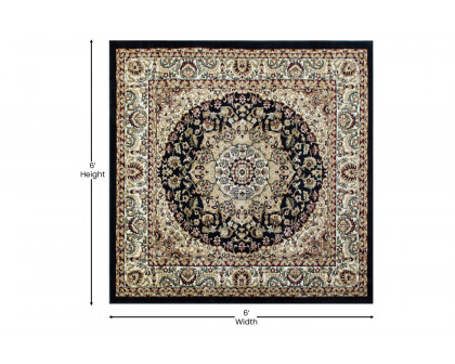 BLNK Mersin Collection Persian Style Square Olefin Area Rug with Jute Backing - Black, 5'W x 5'L