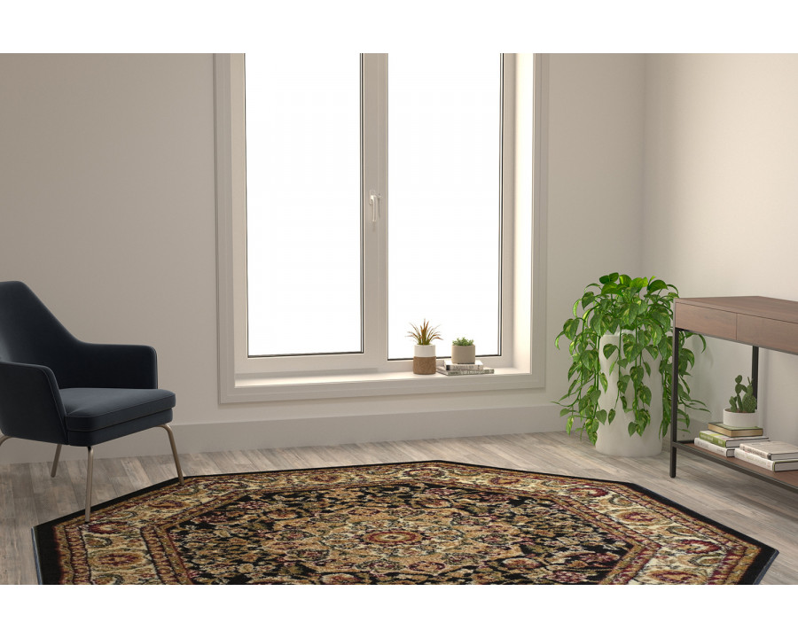 BLNK Mersin Collection Persian Style Octagon Olefin Area Rug with Jute Backing - Black, 7'W x 7'L