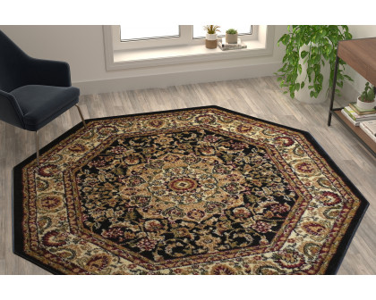 BLNK Mersin Collection Persian Style Octagon Olefin Area Rug with Jute Backing - Black, 7'W x 7'L