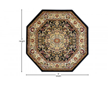 BLNK Mersin Collection Persian Style Octagon Olefin Area Rug with Jute Backing - Black, 7'W x 7'L